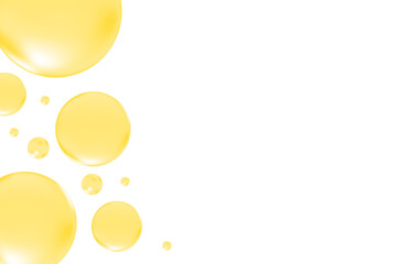 Cute glowing yellow, orange liquid bubbles or fluid jelly droplets isolated on transparent background. Cute honey or orange presentation, beauty serum, cosmetology science, molecular concept