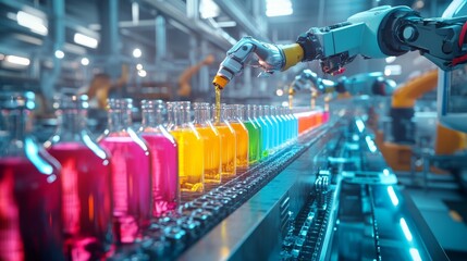 Robotic Arm Filling Bottles on a Conveyor Belt.