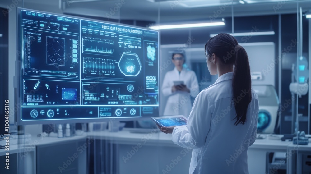Poster A scientist in a lab coat studies complex data on a large screen, holding a tablet. Around her, advanced equipment and a colleague reviewing information create a collaborative research atmosphere.