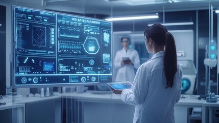 A scientist in a lab coat studies complex data on a large screen, holding a tablet. Around her, advanced equipment and a colleague reviewing information create a collaborative research atmosphere.