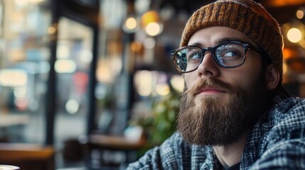 Fototapeta premium Hipster with Beard Sipping Latte Indoors with Autumn Window View