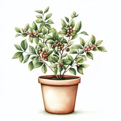 Fototapeta premium A potted plant with green leaves and red berries, showcasing natural beauty and decor.