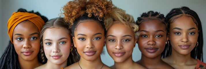 Obraz premium Diverse group of black teenage girls posing on white background unique styles and expressions