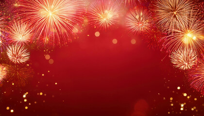 Fototapeta premium Happy New Year card on red background with fireworks and space for text. Chinese new year celebration 