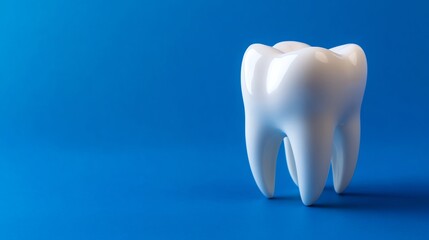 A single, white tooth isolated against a blue background.