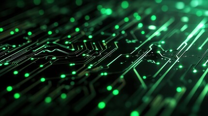 Abstract circuit board design with glowing green lights, representing technology and innovation.