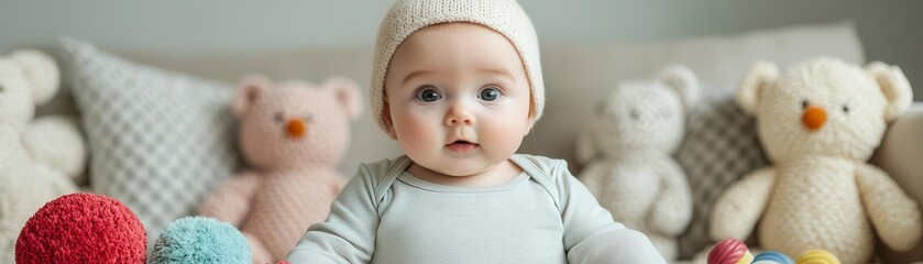 Infant baby exploring soft toys in a cozy corner of a living room, Baby play, warm environment, comfort