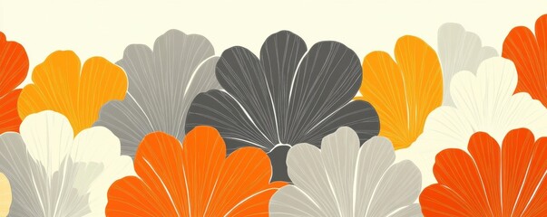 Retro-style floral illustration featuring bold orange, yellow, and gray flowers in a vintage design pattern on a neutral background