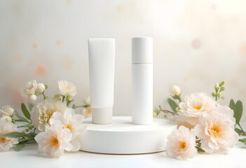 clean minimalist product display with white packaging and soft flowers
