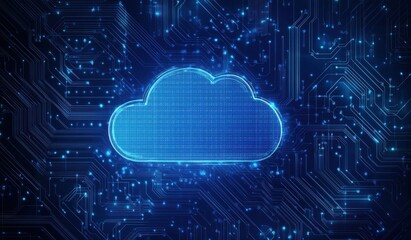 Digital cloud symbol on a blue background representing data storage and online technology in a futuristic circuit design. Illustrates concept of cloud computing and information technology
