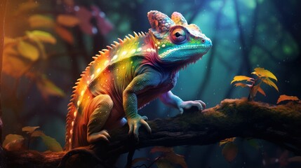 Obraz premium Vibrant Chameleon in Natural Habitat. Colorful Reptile on Tree Branch with Lush Forest Background