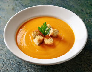 Creamy pumpkin soup with croutons and parsley leaves in white bowl