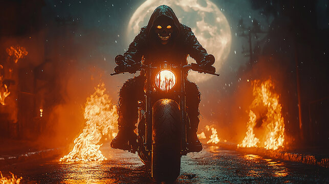 caveira da morte usando capuz com uma motocicleta &agrave; noite, fogo nas rodas, lua gigante ao fundo