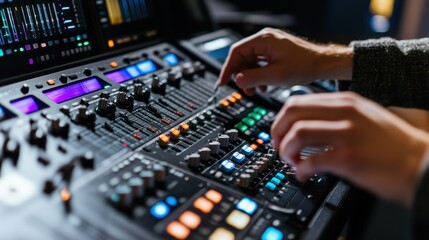 Obraz premium A close-up of hands adjusting a professional audio mixing console during a live performance.