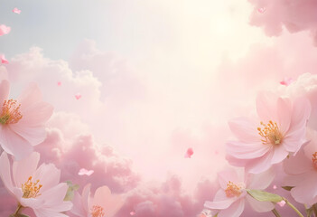 Dreamy pink flowers against soft pastel sky create serene atmosphere