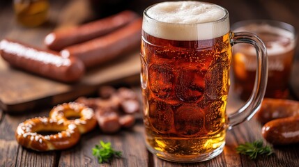 a closeup of a frothy beer in a glass stein placed on a wooden table surrounded by traditional German sausages pretzels mustard and Oktoberfest decorations captured in vibrant colors