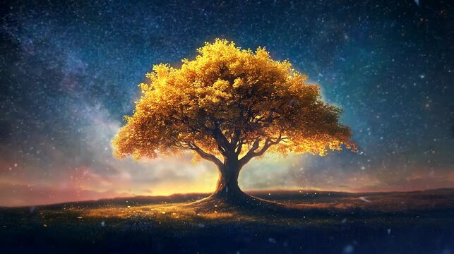 A glowing golden tree stands tall in a field, surrounded by a starry night sky.. Looping 4k video animation background