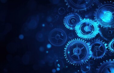 Blue digital gears and cogs in motion, representing technology and innovation in a futuristic vector style.