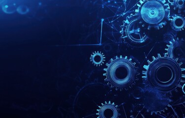 Blue vector outline of gears and cogs representing technology and engineering concepts in a digital abstract background