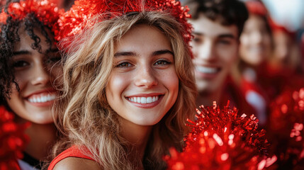 A group of cheerleaders showcases vibrant energy with pom-poms, smiling widely as they support their team during a spirited game