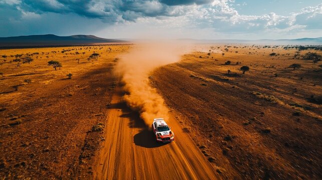 Rally car racing across the rugged sun-drenched plains of Kenya in the Safari Rally with dust clouds and wildlife in an aerial action shot