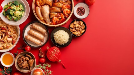 Obraz premium Chinese New Year celebration with a large feast, vibrant dishes and festive decorations