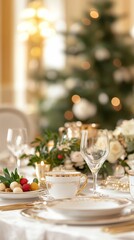 A grand dining table set for a luxurious feast, with a host presenting lavish gifts to their guests, capturing the essence of giving in a wealthy setting