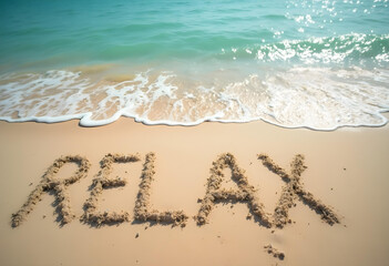 Fototapeta premium Relax written in sand evokes peaceful beach atmosphere
