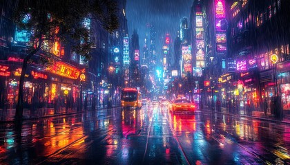 Obraz premium Cyberpunk city street, sky hidden by massive buildings, wet from condensation, neon lights reflecting off surfaces, futuristic vibe