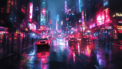 Obraz premium Cyberpunk street scene, buildings blocking out the sky, everything wet from condensation, neon lights, hightech urban environment