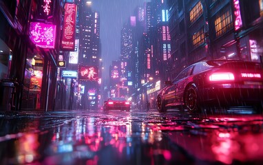 Obraz premium Cyberpunk street scene, buildings blocking sky, wet from condensation, neon illumination, hightech urban setting