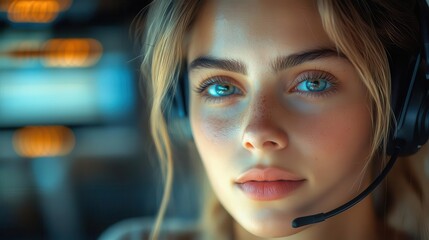 dynamic scene of a callcenter operator at work efficiently managing inquiries with professionalism wearing a headset set in a modern office environment