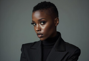 Obraz premium Stylish young black woman with edgy buzz cut and striking features