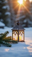 Naklejka premium A snowy Christmas lantern with a fir branch glows in sunlight against winter decorations