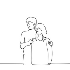 tall man standing behind short woman supporting her shoulders - one line art vector. Concept support, siblings, flirt, skinship