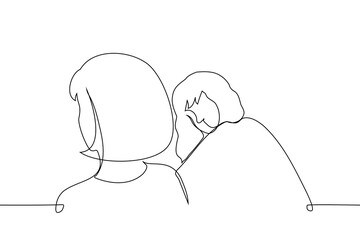 Woman looking from the side at the woman sitting next to her, who is not looking at her - single line vector art. Concept envy, falling in love, authority, desk neighbor, falling in love, stalker
