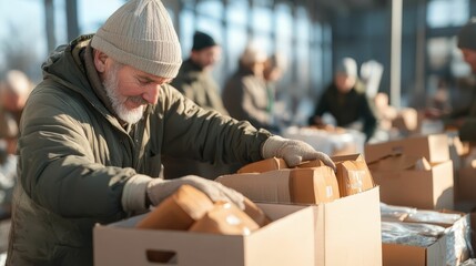 A group of volunteers packing baskets of food and essentials to give away, surrounded by plenty of supplies, capturing the spirit of generosity