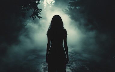 Dark silhouette of a woman turning toward the camera in an eerie manner, creepy and unsettling scene, shadowy ambiance