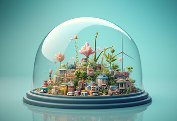 Obraz premium whimsical miniature city under glass dome, filled with vibrant flowers and greenery