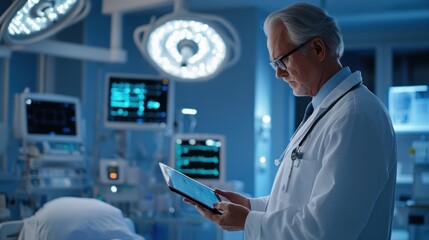 Fototapeta premium A doctor reviewing patient data on a tablet in a modern hospital room.
