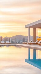 Fototapeta premium A rooftop infinity pool overlooking a city skyline at sunset, with lounge chairs and a bar, epitomizing luxurious affluence