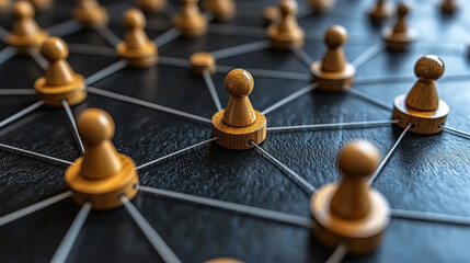 Various wooden game pieces are strategically connected by strings on a dark surface, capturing the essence of collaboration in a game setting