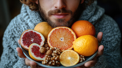 A young man with curly hair presents a bowl brimming with colorful citrus fruits and nuts in a warm, inviting atmosphere