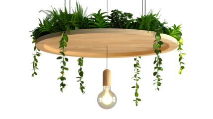 Wooden Ceiling Light with Hanging Plants.