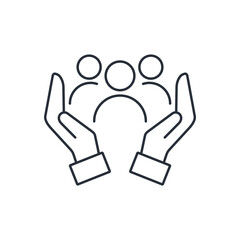 Two arms embrace a group of people. Inclusion social equity . Help, support, gender equality, community care. Vector linear icon isolated on white background. 