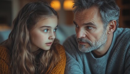 Obraz premium Father lecturing teenage daughter, stern look, daughter with a troubled expression, emotional family discussion, home setting