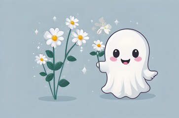 Obraz premium Adorable Ghost with Daisies in a Magical Garden