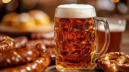 a closeup of a frothy beer in a glass stein placed on a wooden table surrounded by traditional German sausages pretzels mustard and Oktoberfest decorations captured in vibrant colors