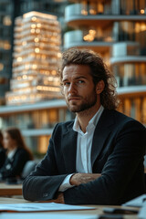 Fototapeta premium A focused individual with curly hair sits at a conference table in a contemporary office, surrounded by an urban cityscape on a bright day