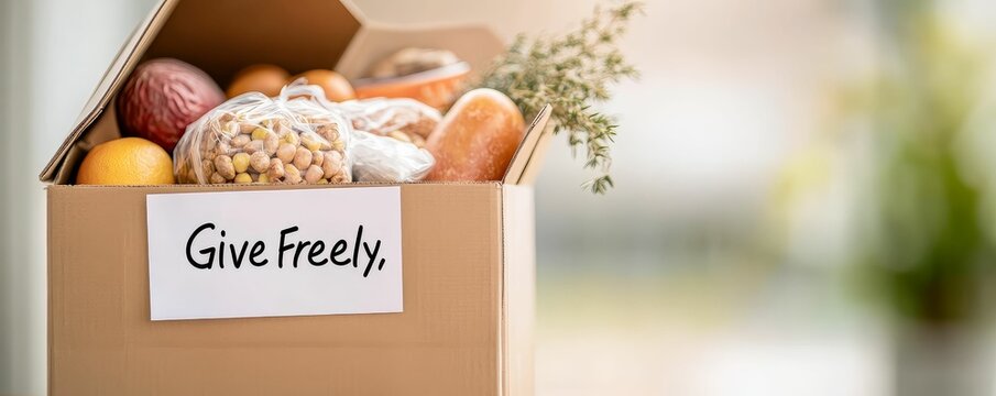 A close-up of a large donation box filled with food and supplies, with a sign that reads "Give Freely," highlighting the bounty of giving
